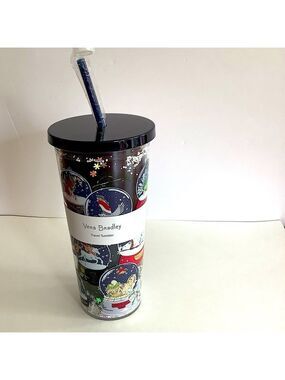 Vera Bradley Holiday Vintage Snowglobes Travel Tumbler With Lid & Straw New